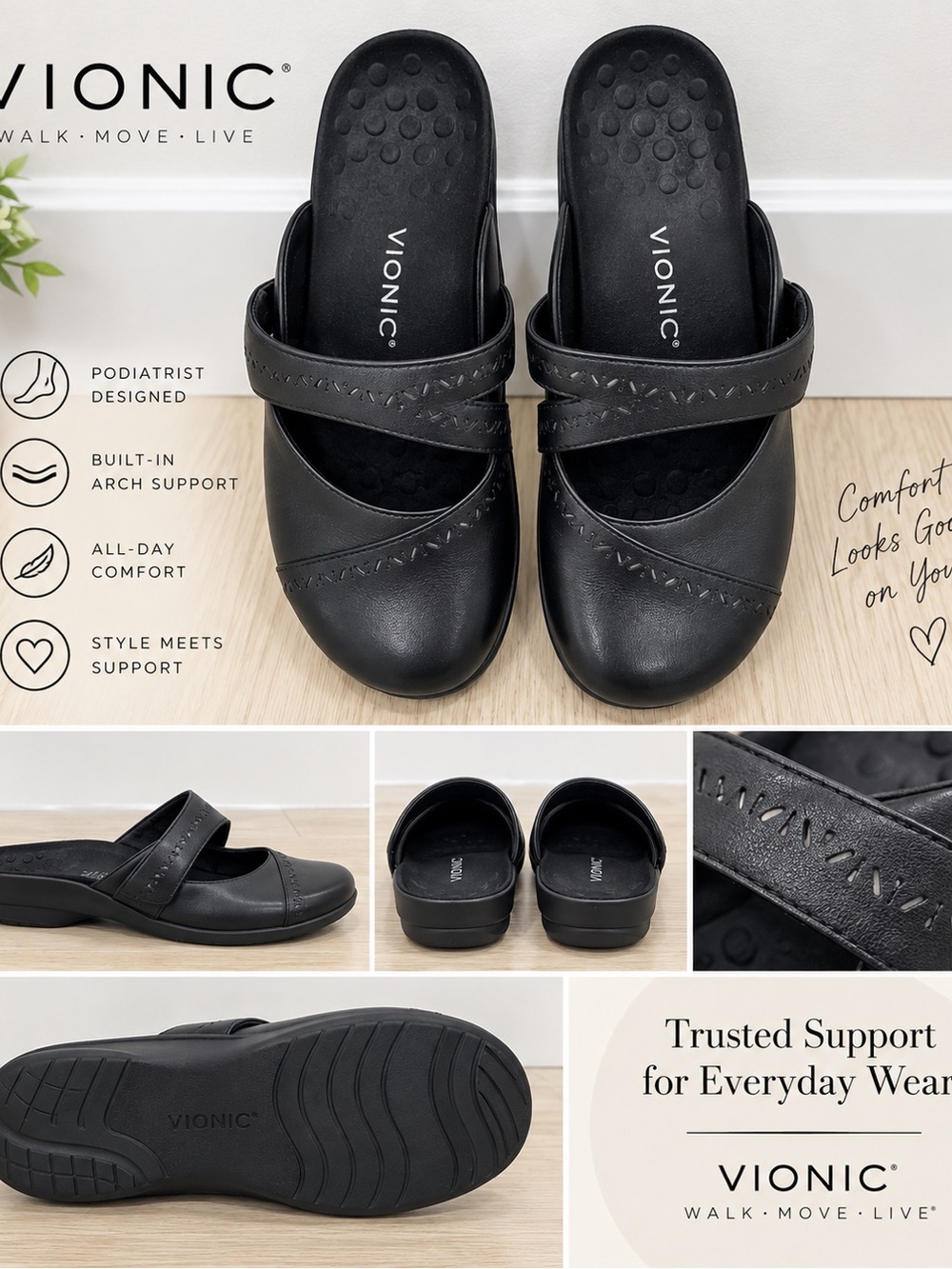 Vionic Black Wedge Sandals Comfort Arch Support Slip On Mules Orthotic Shoes. 9